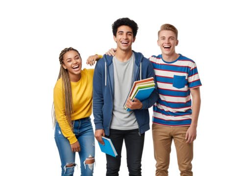 Happy diverse students with books in hand, smiling and laughing together on a white background - Powered by Adobe