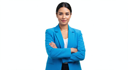 Confident hispanic businesswoman in blue jacket, arms folded and smiling, isolated on white background. Generative AI
