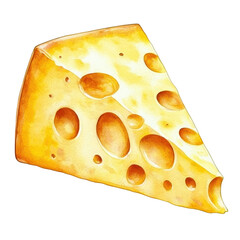 Watercolor illustration of a cheese wedge featuring prominent holes and a rich golden hue. Artwork highlights detailed texture and color of the cheese slice. Isolated on transparent background- png.