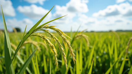 Fototapeta premium Lush green rice plants sway gently under bright blue sky, showcasing beauty of agriculture and nature bounty