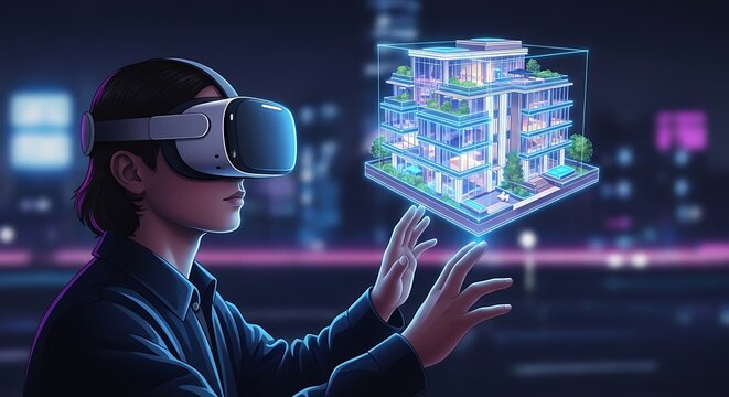 Person using VR headset interacting with holographic building model.