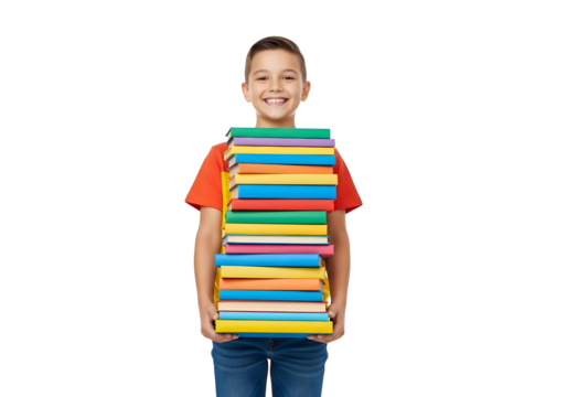A happy young boy holding a tall stack of colorful books against a white background, celebrating education and knowledge