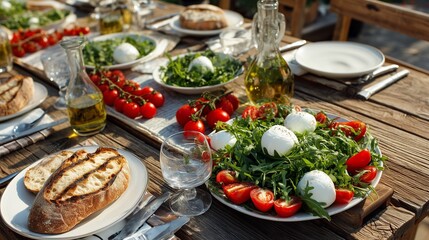 Fresh mozzarella tomato and arugula salad laid out on a rustic wooden table outdoors