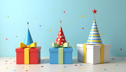 Vibrant birthday gifts topped with party hats and colorful confetti.