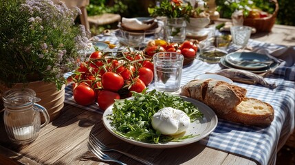 A fresh outdoor meal is beautifully set with burrata arugula tomatoes and crusty bread