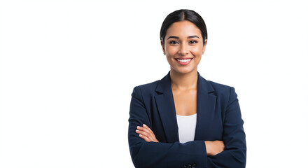 Confident hispanic businesswoman in blue jacket, arms folded and smiling, isolated on white background. Generative AI