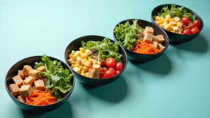 Fresh salad bowls with tofu, corn, cherry tomatoes, and lettuce arranged neatly turquoise background, showcasing vibrant colors and healthy