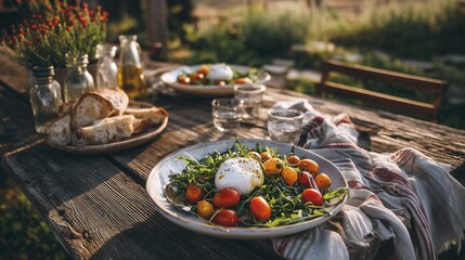 Fresh burrata salad with tomatoes and arugula is placed on a rustic table for an outdoor meal