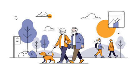 Senior Couple Enjoying a Walk in the Park with their Grandchildren Friends
