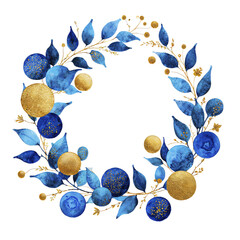Watercolor Hanukkah Wreath with Blue Leaves and Golden Circles