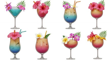 Tropical cocktails image set colorful drinks
