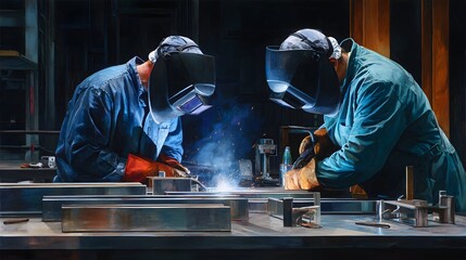 Skilled Professionals Engaged in Metal Welding Inside an Industrial Workshop with Protective Gear