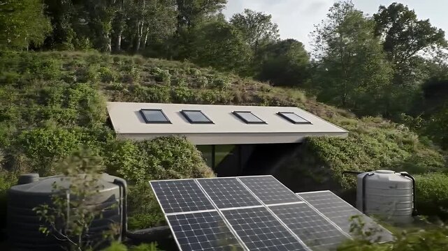 Underground home with solar panels and water storage tanks blending into green hillside