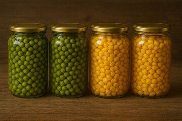 Canned corn and canned peas in glass jars