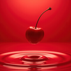 Obraz premium Vibrant red cherry hovers above glossy surface, creating ripples in pool of red liquid, evoking sense of freshness and allure