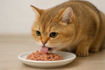 British Shorthair chinchilla cat eating wet food from a bowl