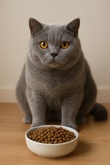 A British Shorthair cat eats dry food from a bowl