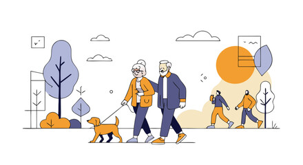 Senior Couple Enjoying a Walk in the Park with their Grandchildren Friends
