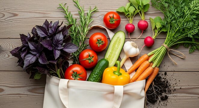 Farm Fresh A Colorful Harvest of Vegetables and Herbs Overflowing from a Tote Bag - Powered by Adobe