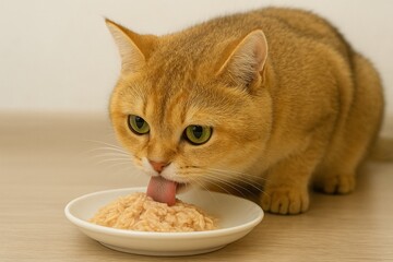 British Shorthair chinchilla cat eating wet food from a bowl