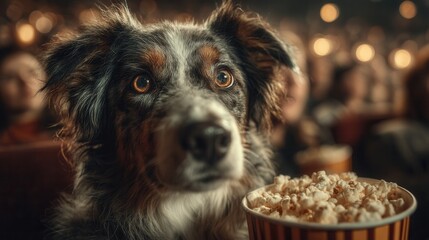 Adorable Australian Shepherd Dog Attending Movie Theater, Looking at Popcorn, Surrounded by People, Cinematic Lighting, Selective Focus