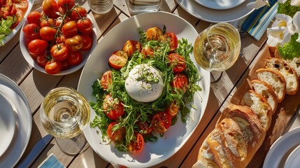 A delicious burrata salad with fresh tomatoes and bread is served on a sunny outdoor table setting