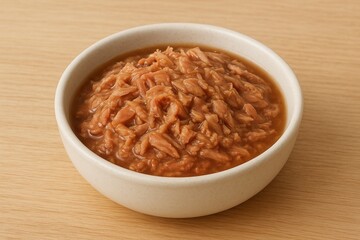 Wet cat food lies in a bowl in close-up