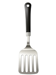 Brushed silver slotted spatula with a modern design- ideal for professional kitchens. Durable and stylish- perfect for cooking and food preparation. Isolated on transparent background- png.