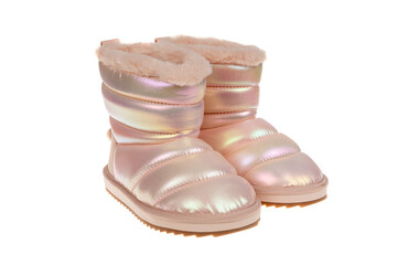 Stylish pink children's winter boots. Cozy puffer snow boots for cold weather, isolated on a white background. Kids' fashion concept.