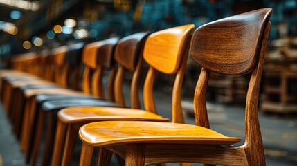 Row of Wooden Chairs in Furniture Factory