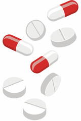 Vector illustration of white and colored pills and capsules falling in mid-air with soft shadows and high contrast, on transparent background for medical use 