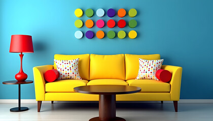 Vibrant living room with a yellow sofa and a unique art piece on the wall