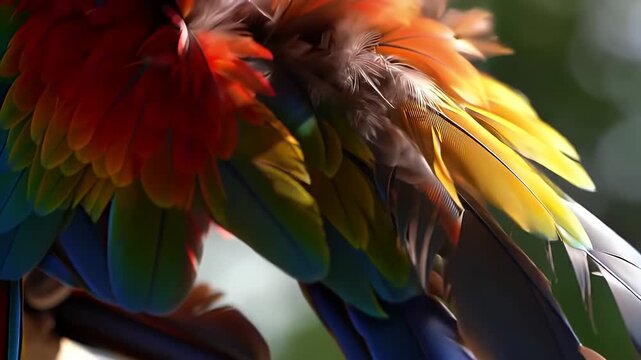 Vivid parrot feathers detail red, yellow, green, blue, and brown, softly lit, creates a dazzling color display