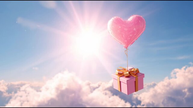 Pink heart balloon floating above clouds holding gift box gift balloon