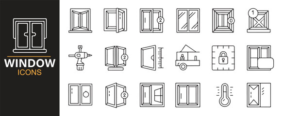 Icons set displaying window systems, hardware, and home improvement tools in black and white.