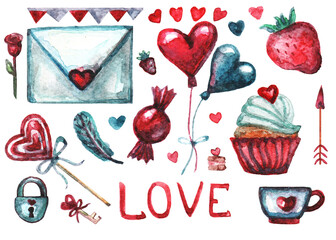 Various love-themed elements are displayed including hearts, balloons, strawberries, and a cupcake. This collection is perfect for celebrating romance and special occasions.
