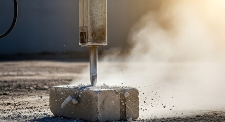 Construction jackhammer breaking concrete block.