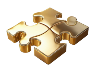 3D golden jigsaw puzzle piece with a shiny- detailed finish- representing luxury and exclusivity. Isolated on transparent background- png.