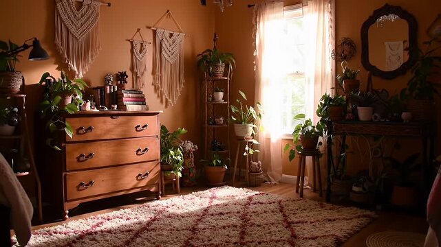 Warm, cozy room with plants, rug, macrame wall hangings, dresser and window casting light