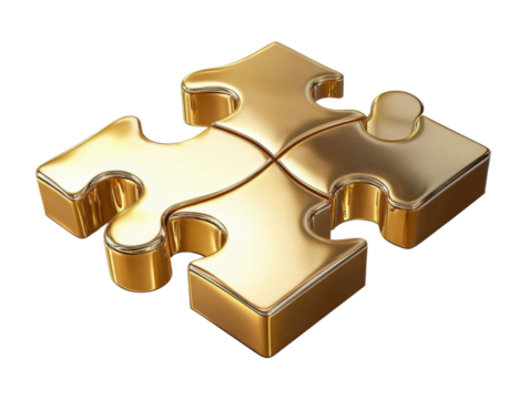 3D golden jigsaw puzzle piece with a shiny- detailed finish- representing luxury and exclusivity. Isolated on transparent background- png.