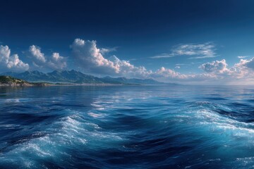 Fototapeta premium Scenic Ocean View with Rolling Waves Mountains and Cloudy Sky Peaceful Seascape