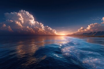 Fototapeta premium Stunning Ocean Sunset with Reflective Waves and Cloudscape Landscape