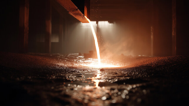 Cinematic view of a foundry floor, with a single stream of molten metal pouring into a mold, the light and heat of the process creating a surreal, ethereal atmosphere, full HD. - Powered by Adobe