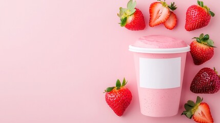 Pink smoothie in a cup, vibrant fresh strawberries surrounding it, perfect for healthy lifestyle themes and social media.
