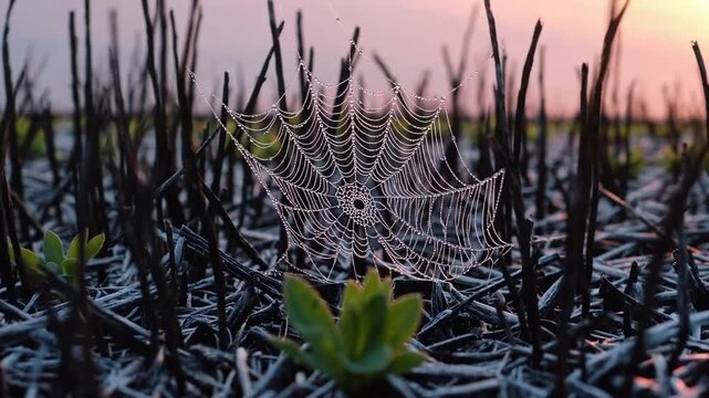 The burned remains of field are observable as light bounces off silken structures. The time is dawn, and nascent plants are emerging from the residue