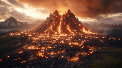 Fototapeta premium Lava Volcano Eruption Landscape: Dramatic landscape of a volcano erupting, molten lava flows down its sides, creating an awe-inspiring fiery display