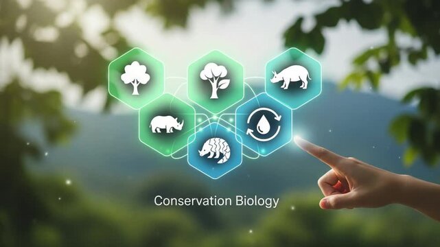 Conservation biology interface with rhino, tree, water cycle, and pangolin icons on blurred background