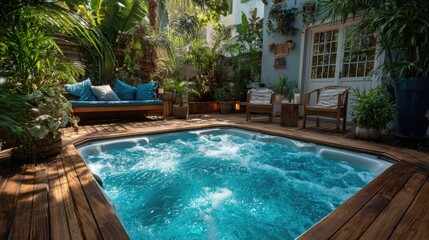 Outdoor jacuzzi with tropical plants on wooden deck