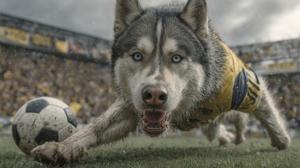 Determined Husky Playing Soccer in Stadium, Wearing Team Jersey, Close-Up Action Shot, Competitive Sports, Rainy Weather, Crowd in Background