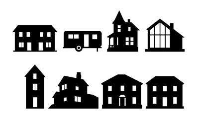 Fototapeta premium Silhouette icons of diverse residential buildings on dark background